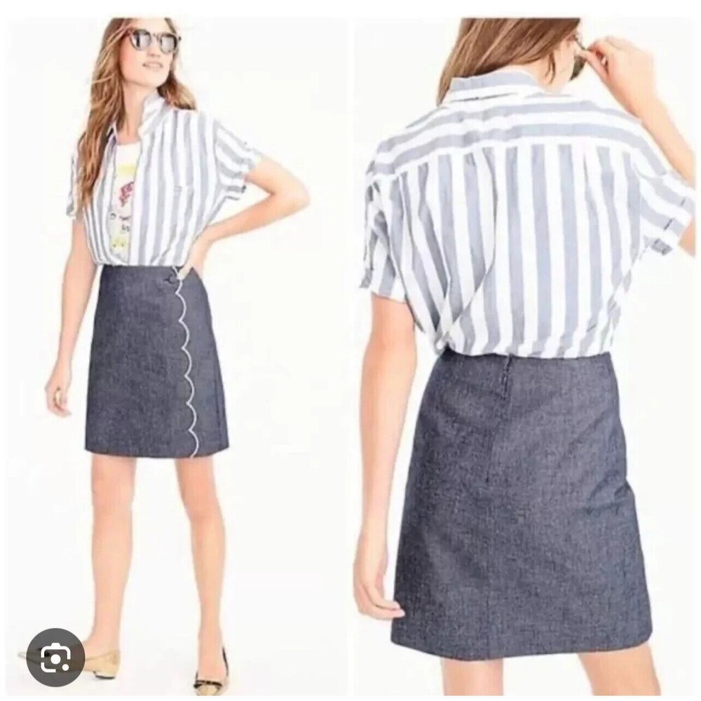 J Crew Women Skirt SZ 4 Blue Chambray Scallop Embroidered A-Line 100% Cotton NWT